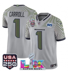 Men's Seattle Seahawks #1 Pete Carroll Gray 2025 F.U.S.E. Super Bowl LX & US 250th anniversary And 50th Season“Rivalries” Vapor Limited Football Stitched J