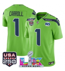 Men's Seattle Seahawks #1 Pete Carroll Green 2025 F.U.S.E. Super Bowl LX And 50th Season & USA 250 Vapor Limited Football Stitched Jersey