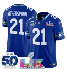 Men's Seattle Seahawks #21 Devon Witherspoon Royal 2025 F.U.S.E. Super Bowl LX And 50th Season Vapor Throwback Limited Football Stitched Jersey