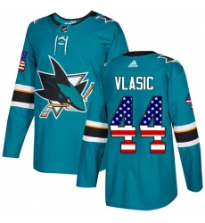 Men's Adidas San Jose Sharks #44 Marc-Edouard Vlasic Authentic Teal Green USA Flag Fashion NHL Jersey