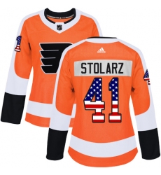 Women's Adidas Philadelphia Flyers #41 Anthony Stolarz Authentic Orange USA Flag Fashion NHL Jersey