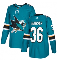Men's Adidas San Jose Sharks #36 Jannik Hansen Authentic Teal Green Home NHL Jersey