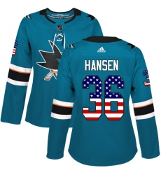 Women's Adidas San Jose Sharks #36 Jannik Hansen Authentic Teal Green USA Flag Fashion NHL Jersey
