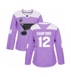 Women's St. Louis Blues #12 Zach Sanford Authentic Purple Fights Cancer Practice 2019 Stanley Cup Final Bound Hockey Jersey