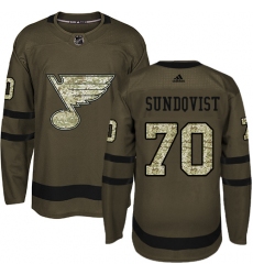 Men's Adidas St. Louis Blues #70 Oskar Sundqvist Premier Green Salute to Service NHL Jersey