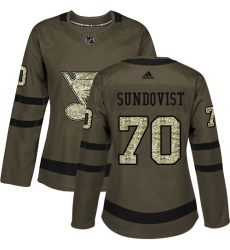 Women's Adidas St. Louis Blues #70 Oskar Sundqvist Authentic Green Salute to Service NHL Jersey
