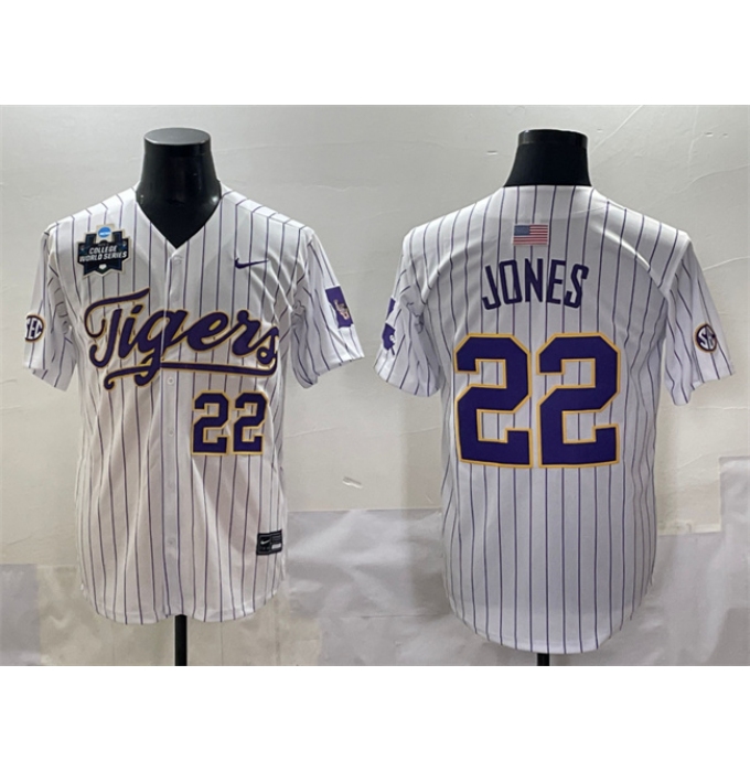 Men's LSU Tigers #22 Jared Jones White Pinstripe 2025 World Series & SEC Patch Stitched Baseball Jersey