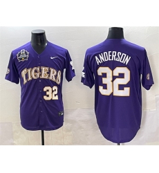 Men's LSU Tigers #32 Kade Anderson Purple 2025 World Series & SEC Patch Stitched Baseball Jersey
