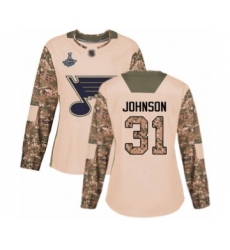Women's St. Louis Blues #31 Chad Johnson Authentic Camo Veterans Day Practice 2019 Stanley Cup Champions Hockey Jersey