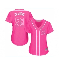 Women's Milwaukee Brewers #58 Alex Claudio Replica Pink Fashion Cool Base Baseball Jersey