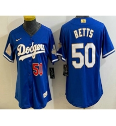 Women's Los Angeles Dodgers #50 Mookie Betts Blue 2026 Gold Collection Stadium Jersey