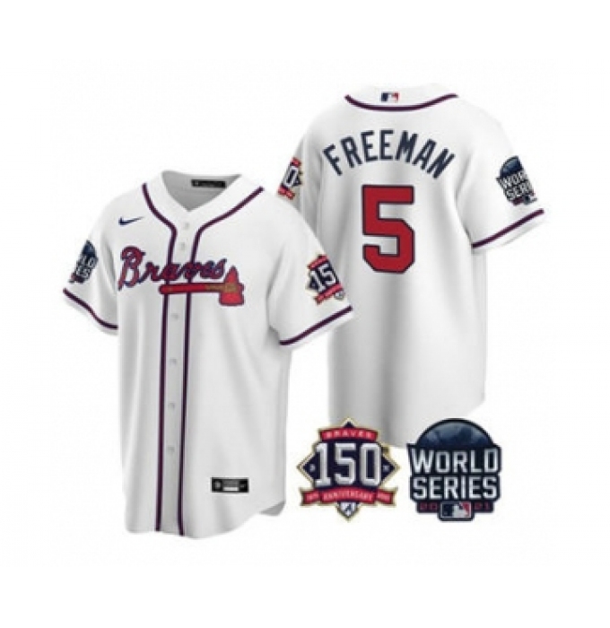 Men's Atlanta Braves #5 Freddie Freeman 2021 White World Series With 150th Anniversary Patch Cool Base Baseball Jersey
