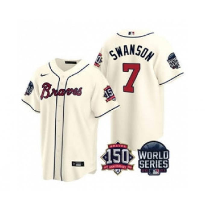 Men's Atlanta Braves #7 Dansby Swanson 2021 Cream World Series With 150th Anniversary Patch Cool Base Baseball Jersey