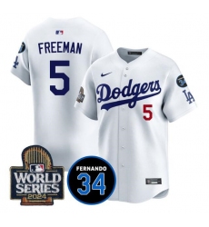 Men's Los Angeles Dodgers #5 Freddie Freeman White 2024 World Series With Fernando Memorial Limited Stitched Baseball Jersey