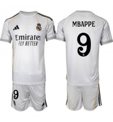 Men's Real Madrid #9 Kylian Mbappe 25-26 White Home Soccer Jersey Suit