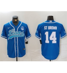Men's Detroit Lions #14 Amon-Ra St. Brown Blue With 90th Anniversary Cool Base Stitched Baseball Jersey