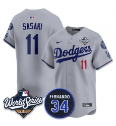 Men's Los Angeles Dodgers #11 Rōki Sasaki Gray 2025 World Series With No. 34 Limited Stitched Jersey