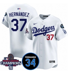 Men's Los Angeles Dodgers #37 Teoscar Hernandez White 2024 World Series Champions With Fernando Memorial Vapor Premier Home Limited Stitched Baseball Jerse