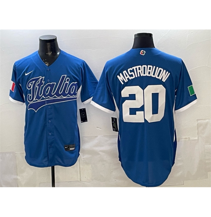 Men's Italy Baseball #20 Miles Mastrobuoni Blue 2026 World Baseball Classic Home Stadium Stitched Jersey