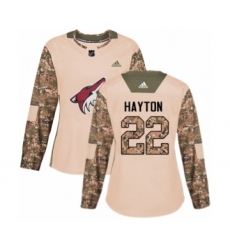 Women's Adidas Arizona Coyotes #22 Barrett Hayton Authentic Camo Veterans Day Practice NHL Jersey
