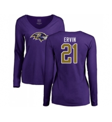 Football Women's Baltimore Ravens #21 Tyler Ervin Purple Name & Number Logo Long Sleeve T-Shirt