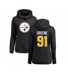 Football Women's Pittsburgh Steelers #91 Kevin Greene Black Name & Number Logo Pullover Hoodie