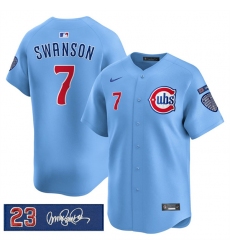 Men's Chicago Cubs #7 Dansby Swanson Blue 'Ryne Sandberg Tribute' Vapor Limited V3 Stitched Baseball Jersey