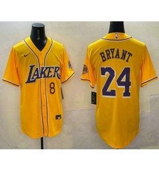 Men's Los Angeles Lakers #8 24 Kobe Bryant Yellow Purple With Cool Base Stitched Baseball Jersey