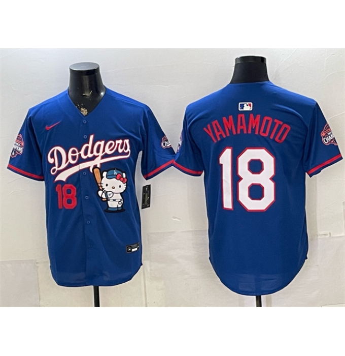 Men's Los Angeles Dodgers #18 Yoshinobu Yamamoto Royal Hello Kitty Night 2025 World Series Champions Stitched Baseball Jersey