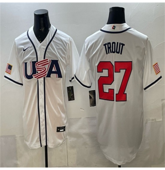 Men's USA Baseball #27 Mike Trout White 2026 World Baseball Classic Home Stadium Stitched Jersey