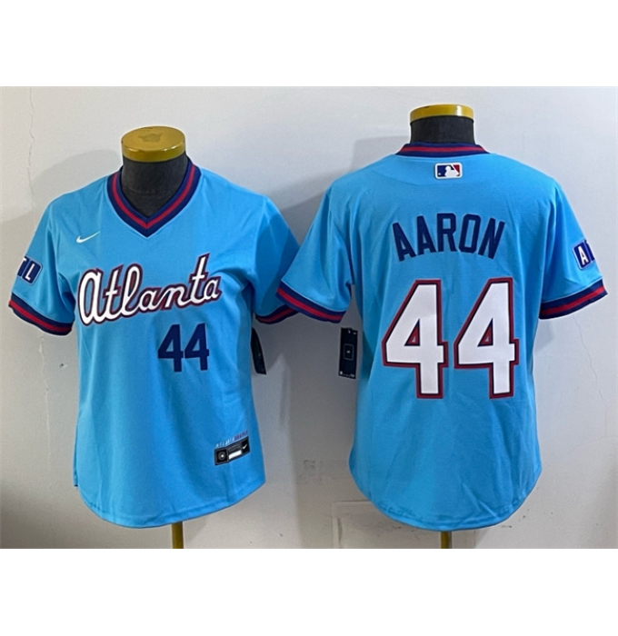 Women's Atlanta Braves #44 Hank Aaron Powder Blue 2026 City Connect Stadium Stitched Baseball Jersey(Run Small)
